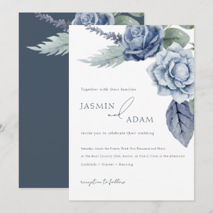 Invitation Mariage Floral Rose Bleu Élégant