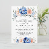 Invitation Mariage floral rose bleu marine (Debout devant)