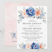 Invitation Mariage floral rose bleu marine (Devant / Derrière)