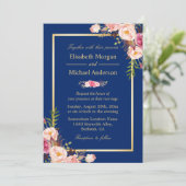 Invitation Mariage floral rose bleu marine (Debout devant)