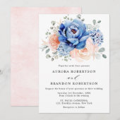 Invitation Mariage floral rose bleu marine (Devant / Derrière)
