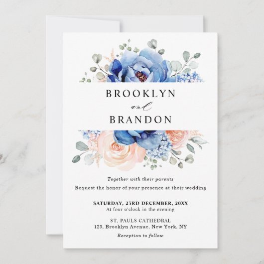 Invitation Mariage floral rose bleu marine (Devant)