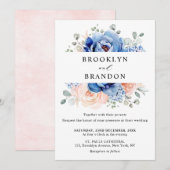 Invitation Mariage floral rose bleu marine (Devant / Derrière)