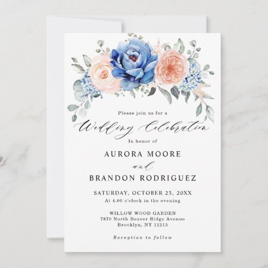 Invitation Mariage floral rose bleu marine (Devant)