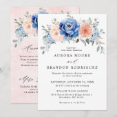 Invitation Mariage floral rose bleu marine (Devant / Derrière)