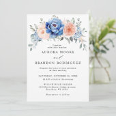 Invitation Mariage floral rose bleu marine (Debout devant)