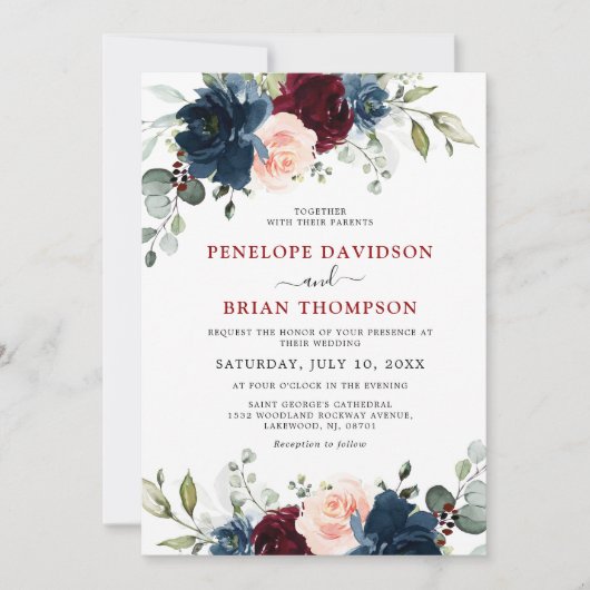 Invitation Mariage floral rose bleu marine Bourgogne (Devant)
