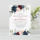 Invitation Mariage floral rose bleu marine Bourgogne (Debout devant)