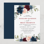 Invitation Mariage floral rose bleu marine Bourgogne (Devant / Derrière)