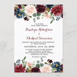 Invitation Mariage floral rose bleu marine Bourgogne