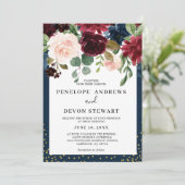 Invitation Mariage floral rose bleu marine Bourgogne (Debout devant)