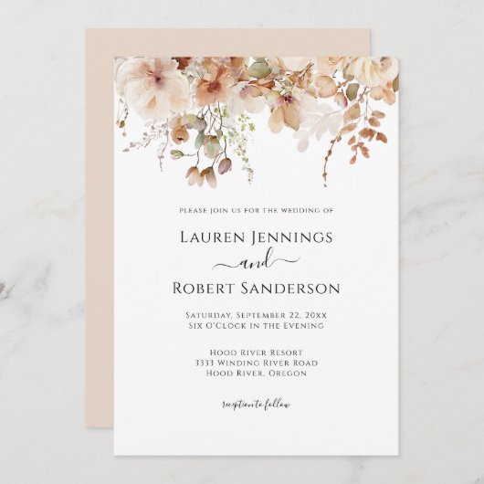 Invitation Mariage floral rose-bleu neutre (Devant / Derrière)