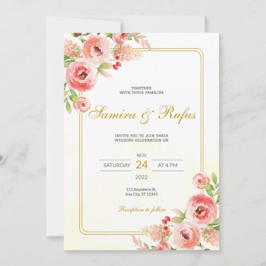 Invitation Mariage floral rose bohème (Devant)