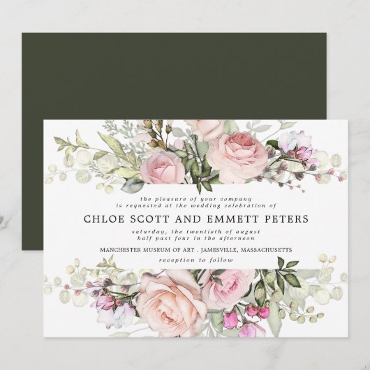 Invitation Mariage Floral rose Boho moderne (Devant / Derrière)