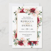 Invitation Mariage floral rose bordeaux et bleu Enregistrer l (Devant)