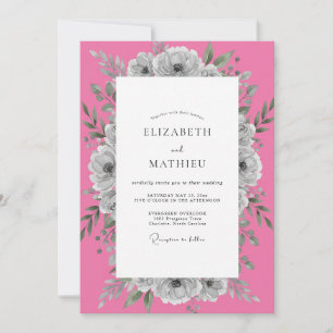 Invitation Mariage Floral Rose Chaude et Gris Atténué