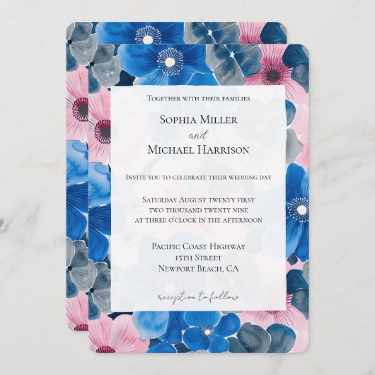 Invitation Mariage floral rose chic (Devant / Derrière)