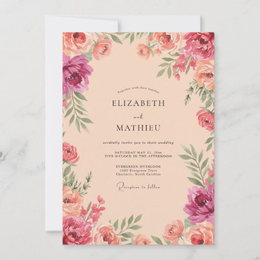 Invitation Mariage Floral Rose Corail (Devant)