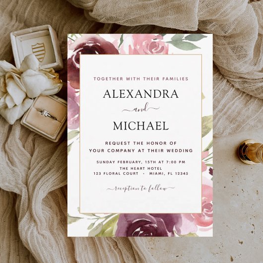 Invitation Mariage floral rose de Bourgogne romantique