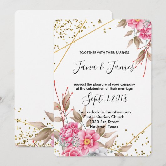Invitation Mariage floral rose de cadre doré géométrique (Devant / Derrière)