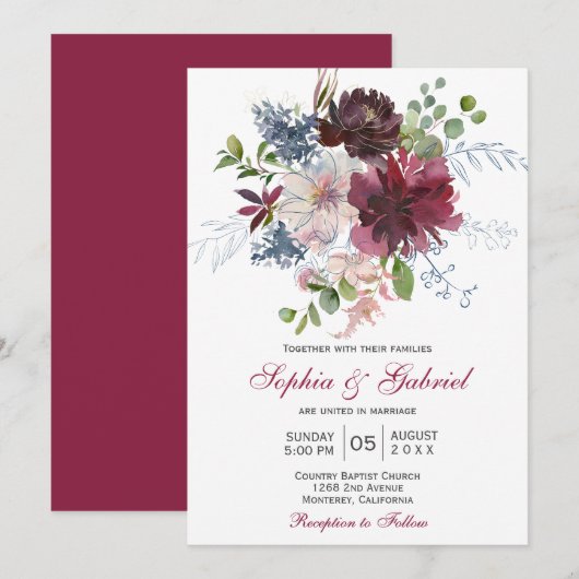 Invitation Mariage floral rose de la marine botanique moderne (Devant / Derrière)