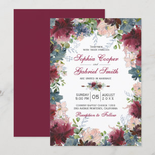 Invitation Mariage floral rose de la marine botanique moderne