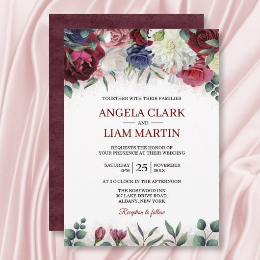 Invitation Mariage floral rose de la marine marsala