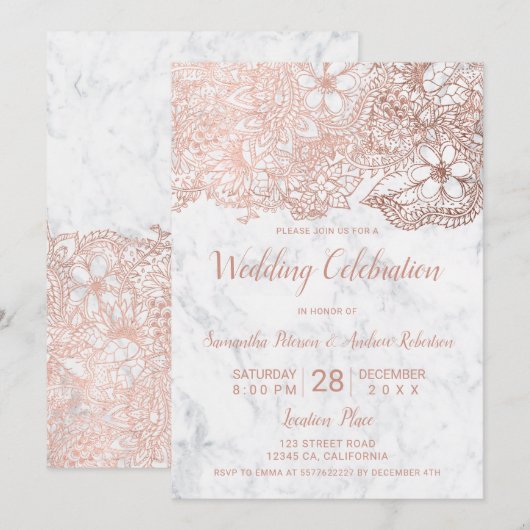 Invitation mariage floral Rose en marbre blanc (Devant / Derrière)