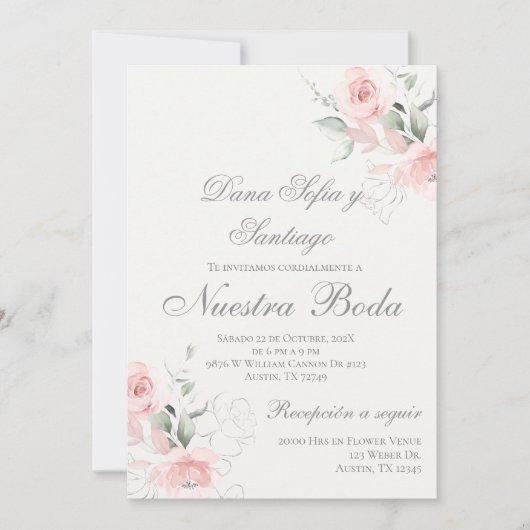 Invitation Mariage floral rose espagnol (Devant)