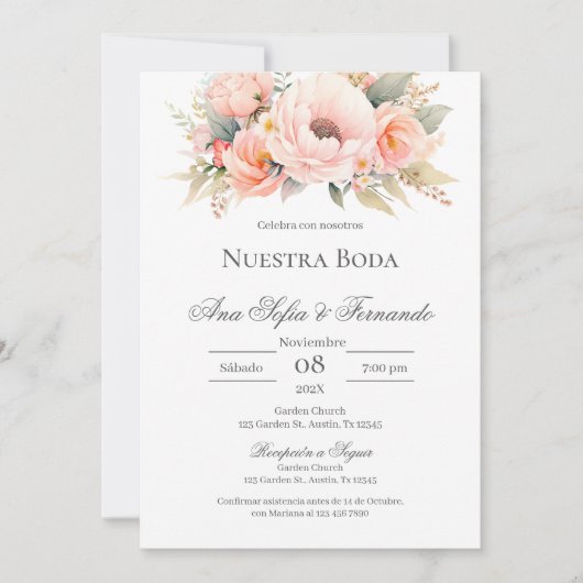 Invitation Mariage floral rose espagnol (Devant)