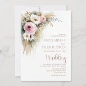 Invitation Mariage Floral Rose et Blanc Rustique (Devant)