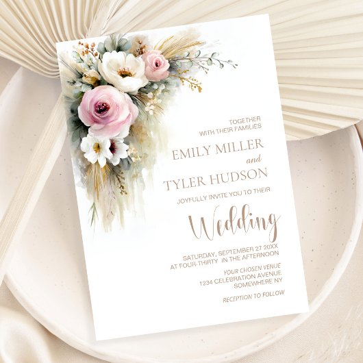 Invitation Mariage Floral Rose et Blanc Rustique