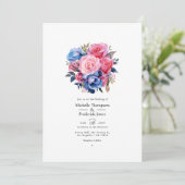 Invitation Mariage floral rose et bleu (Debout devant)