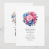 Invitation Mariage floral rose et bleu (Devant / Derrière)
