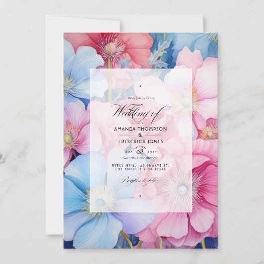 Invitation Mariage floral rose et bleu clair (Devant)