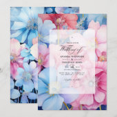 Invitation Mariage floral rose et bleu clair (Devant / Derrière)