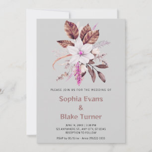 Invitation Mariage Floral Rose et Brun sur Fond Gris Clair