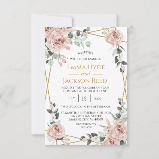 Invitation Mariage floral Rose et cadre doré (Devant)