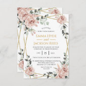 Invitation Mariage floral Rose et cadre doré (Devant / Derrière)