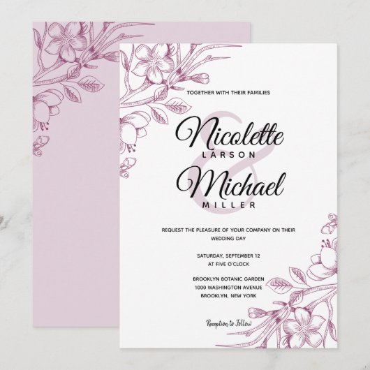 Invitation Mariage floral rose et cassis (Devant / Derrière)