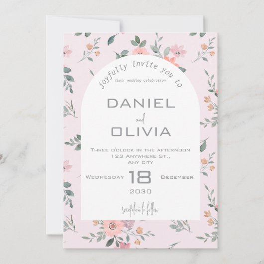 Invitation Mariage floral rose et crème (Devant)