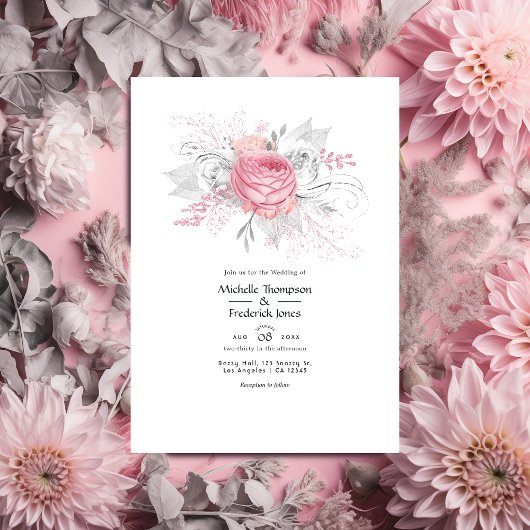 Invitation Mariage floral rose et Faux Foil