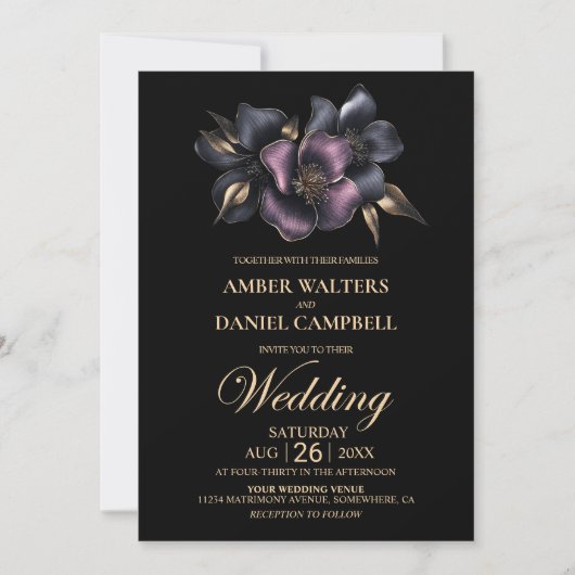 Invitation Mariage floral rose et gris (Devant)