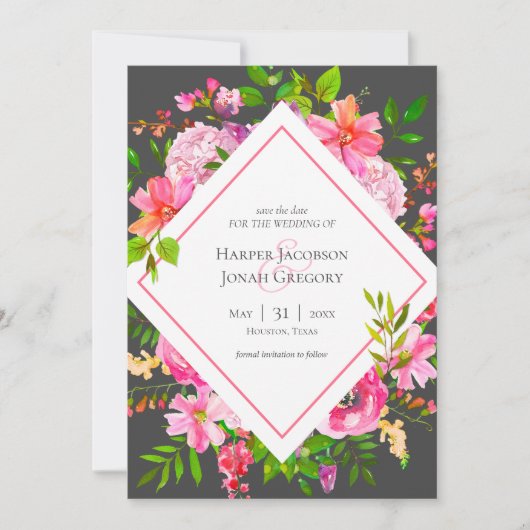 Invitation Mariage floral rose et gris moderne Enregistrer la (Devant)