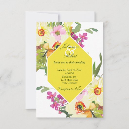 Invitation Mariage floral rose et jaune (Devant)
