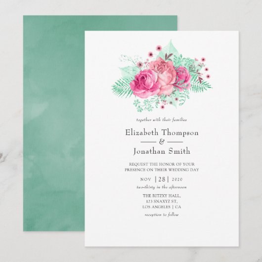 Invitation Mariage floral rose et menthe (Devant / Derrière)