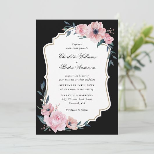 Invitation Mariage floral rose et noir (Debout devant)