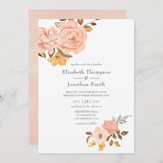 Invitation Mariage floral rose et or (Devant / Derrière)