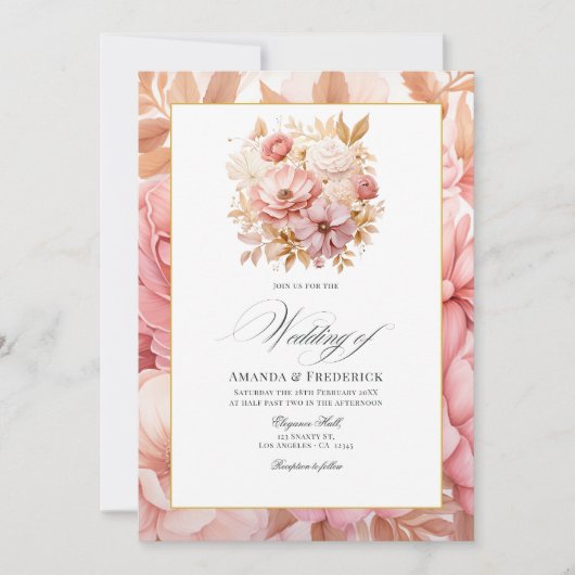 Invitation Mariage floral rose et or (Devant)