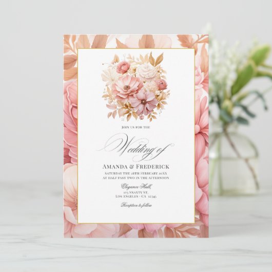 Invitation Mariage floral rose et or (Debout devant)